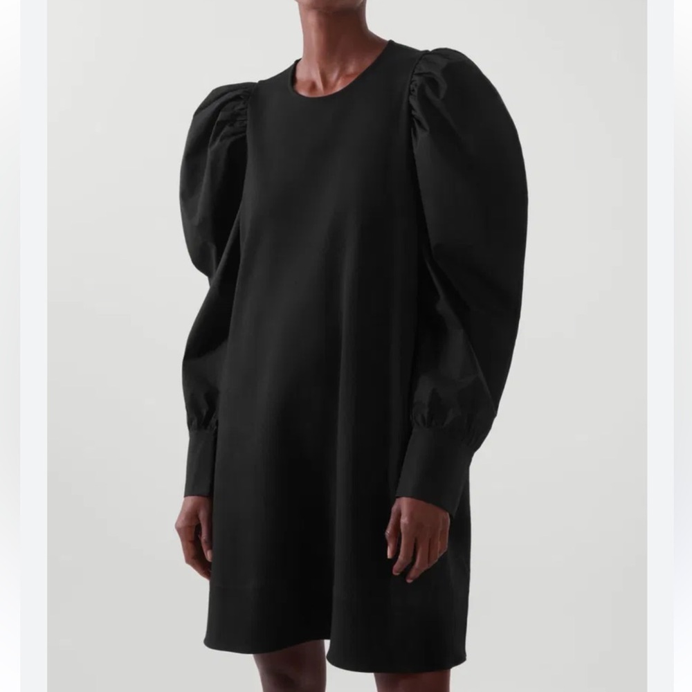 COS Black Long Sleeve Puff Shoulder Dress, Size Medium